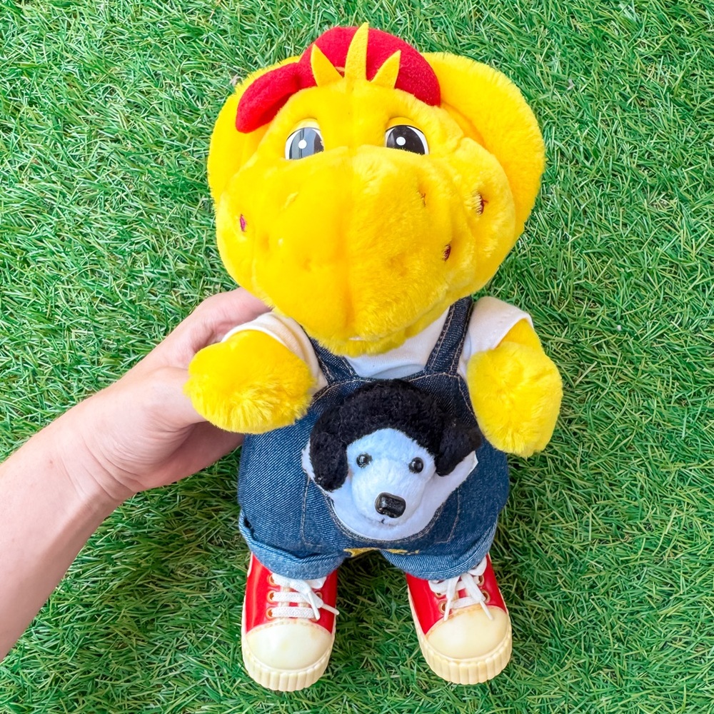 Rare 90s BJ (Barney) Denim Overalls Rubber Shoes Dinosaur Plush 13" AND Puppy